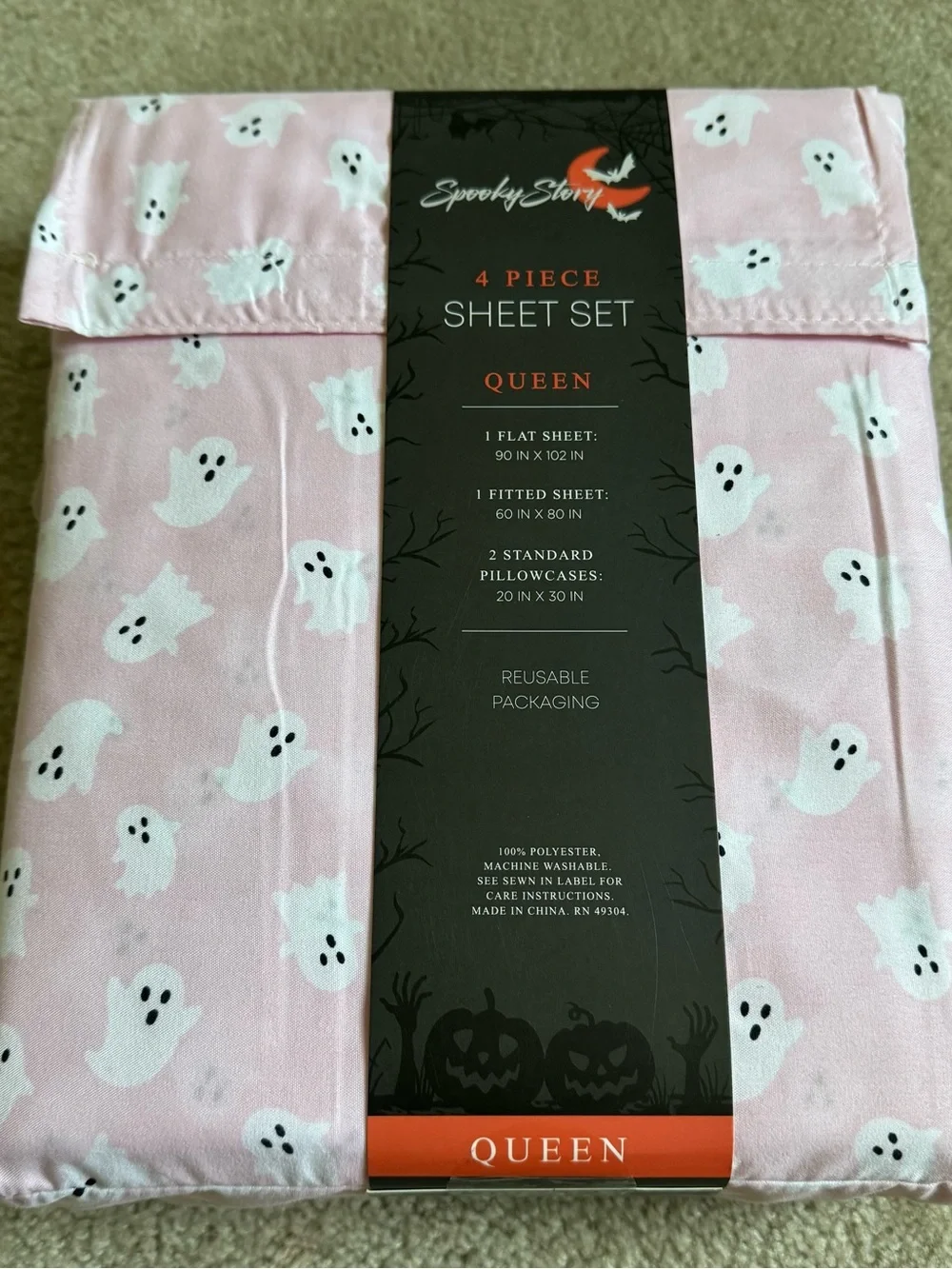 Spooky Story Queen 4-Piece Bed Sheet Set Pink Ghost Halloween Print New Bedding